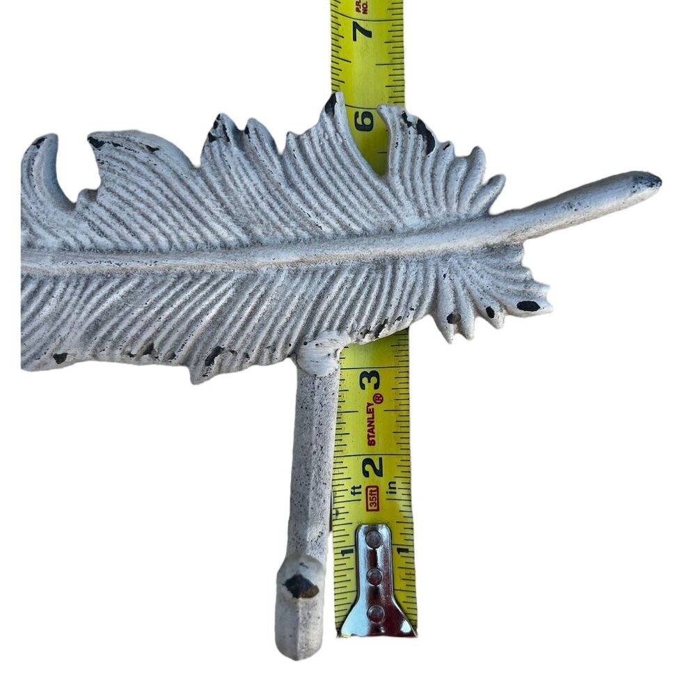 Cast Iron Feather Shaped Wall Hook Rack With 3 Hooks White Sturdy Build - Picture 4 of 6